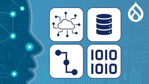 Icons für KI, Datenbank, Workflow und Binärzahlen auf einem KI-Symbolhintergrund und einem Drupal-Logo