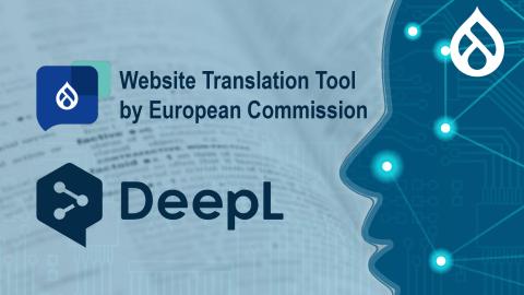 Logo von WEB-T und Deepl auf einem KI-Symbolhintergrund mit Drupal-Logo