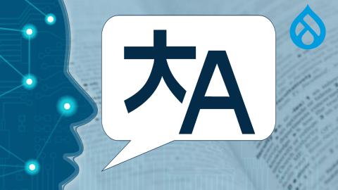 Translation Logo in Sprechblase KI-Symbolhintergrund und einem Drupal-Logo
