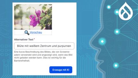 Screen-Shot einer Alt-Text-Generierung auf einem KI-Symbolhintergrund mit Drupal-Logo