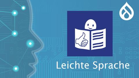 Logo "Leichte Sprache" mit Drupal-Logo und Symbol-Hintergrund für Künstliche Intelligenz
